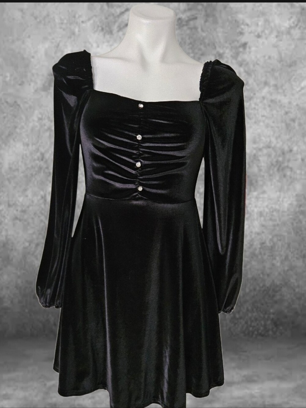 Zara Black Velvet Long-Sleeve Square Neck Dress with Decorative Buttons XS